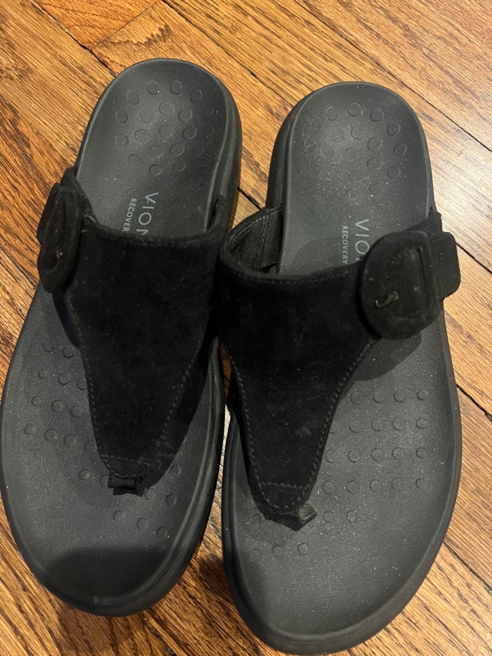 Vionic Black Suede Thong Sandals with Buckle - Picture 2 of 4